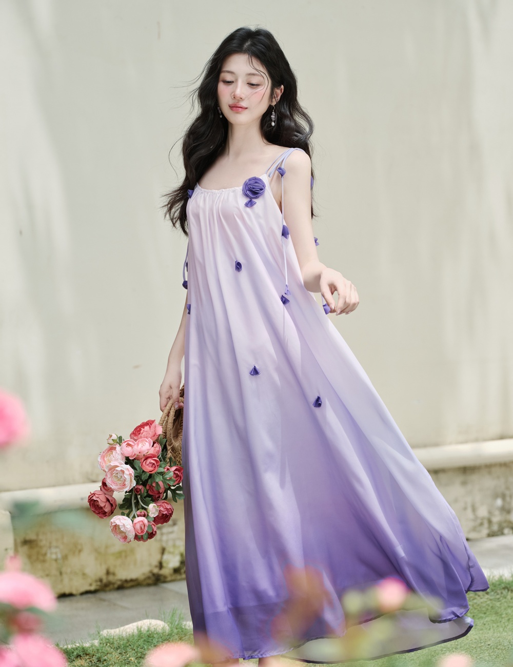 Gradient vacation coat with corsage purple dress a set
