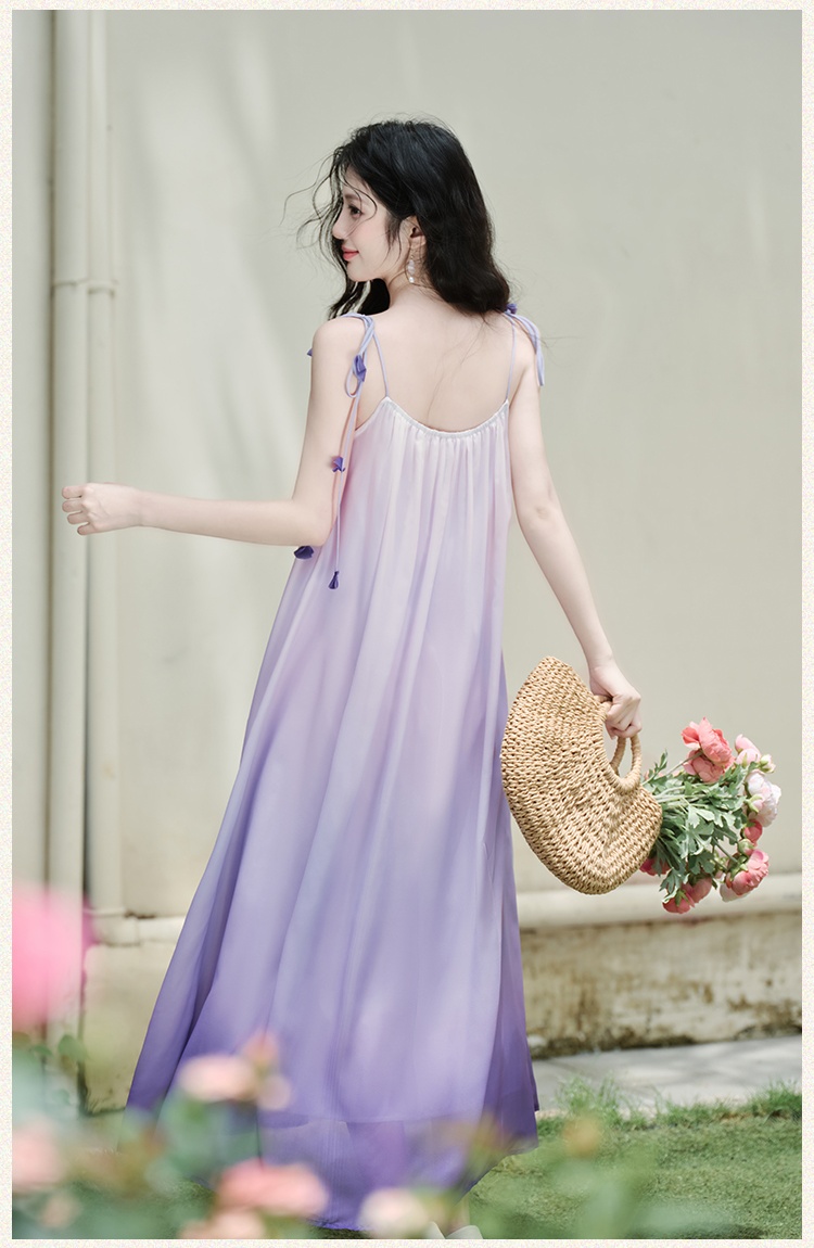 Gradient vacation coat with corsage purple dress a set