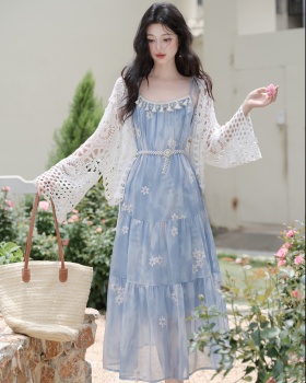 With belt sling coat vacation collocation dress 2pcs set