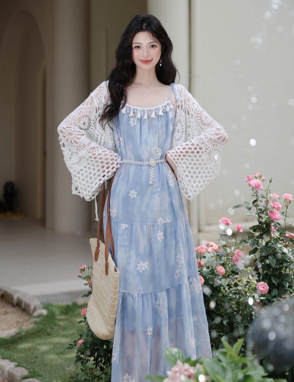 With belt sling coat vacation collocation dress 2pcs set