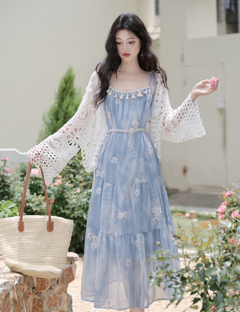 With belt sling coat vacation collocation dress 2pcs set