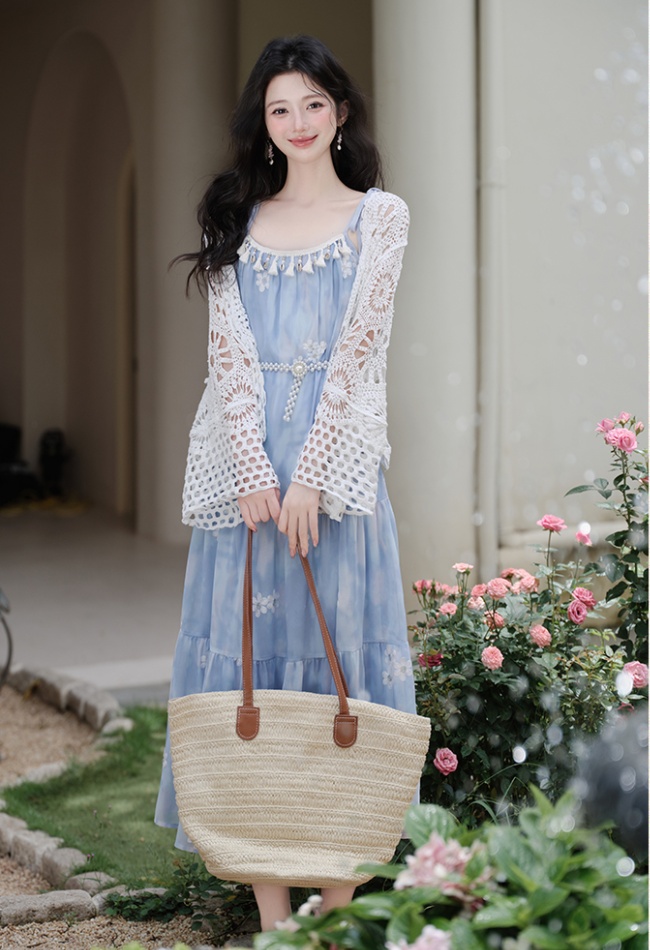 With belt sling coat vacation collocation dress 2pcs set