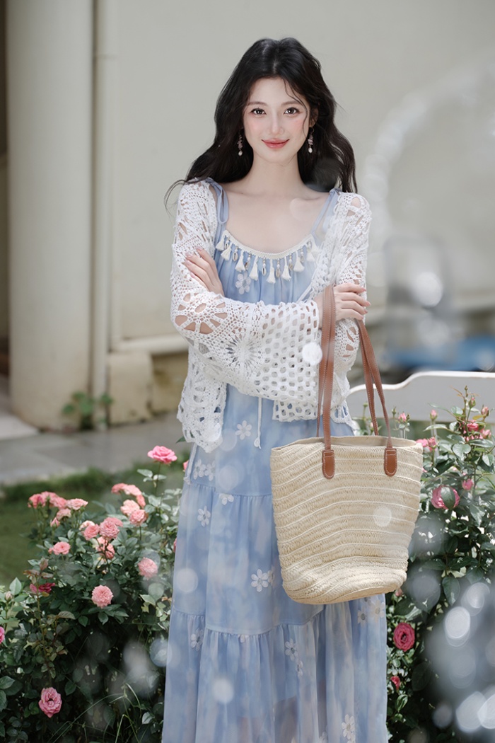 With belt sling coat vacation collocation dress 2pcs set