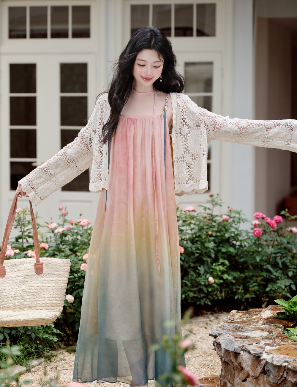 Gradient sling cardigan vacation coat a set