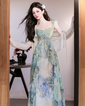 Vacation mermaid cardigan sling dress a set