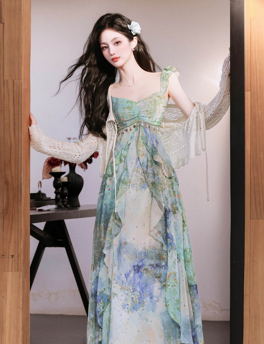 Vacation mermaid cardigan sling dress a set
