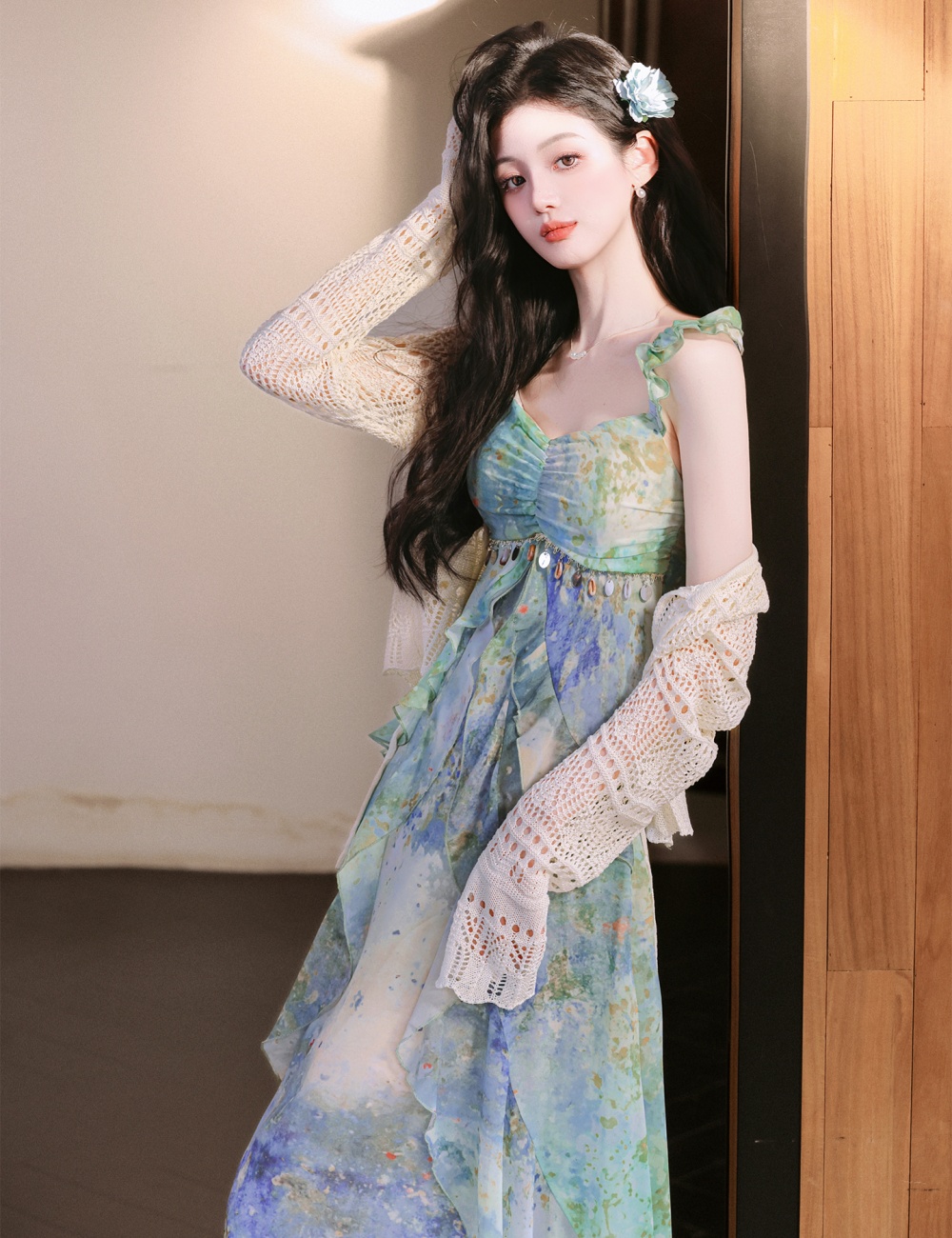 Vacation mermaid cardigan sling dress a set