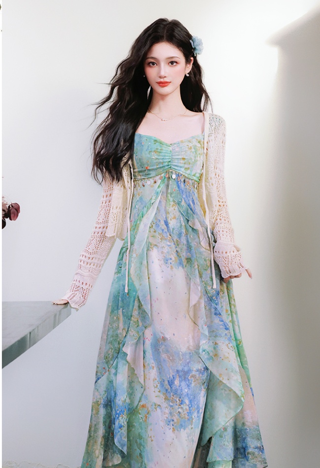 Vacation mermaid cardigan sling dress a set