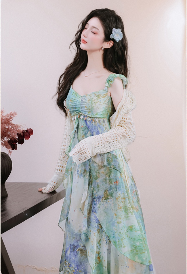 Vacation mermaid cardigan sling dress a set