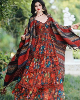 Vacation national style shawl with streamer dress 2pcs set