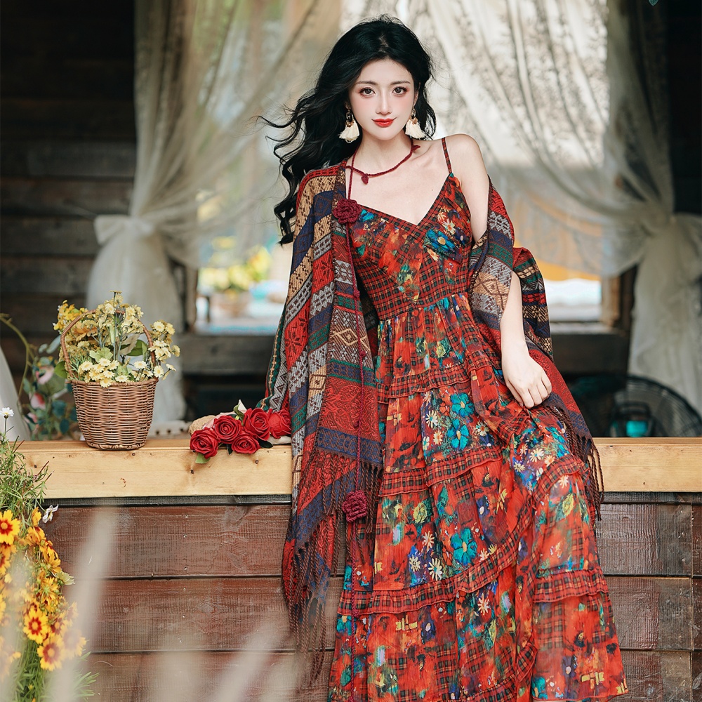 Vacation national style shawl with streamer dress 2pcs set