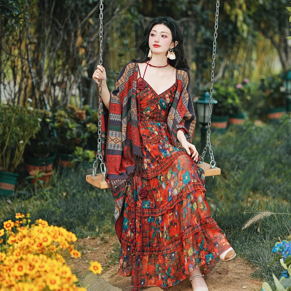 Vacation national style shawl with streamer dress 2pcs set