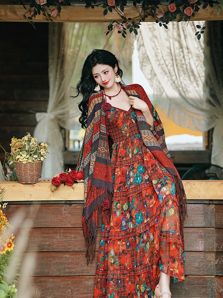 Vacation national style shawl with streamer dress 2pcs set