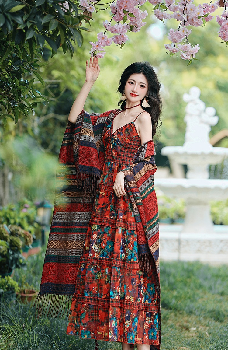 Vacation national style shawl with streamer dress 2pcs set