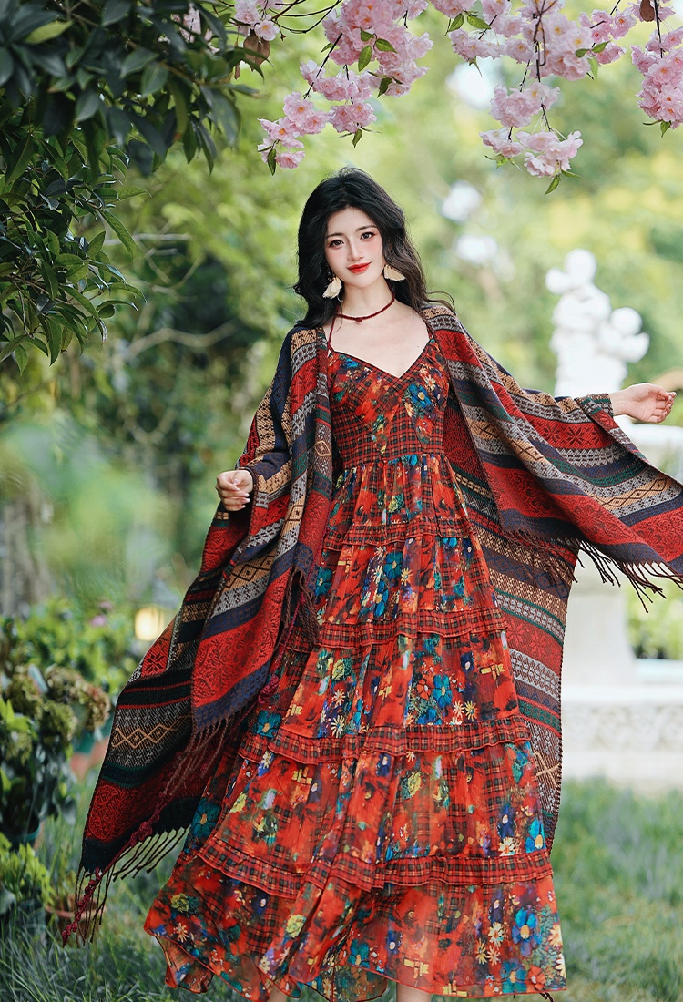 Vacation national style shawl with streamer dress 2pcs set