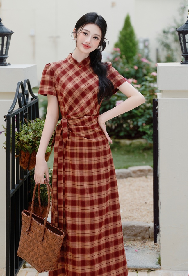 Short sleeve pinched waist plaid dress
