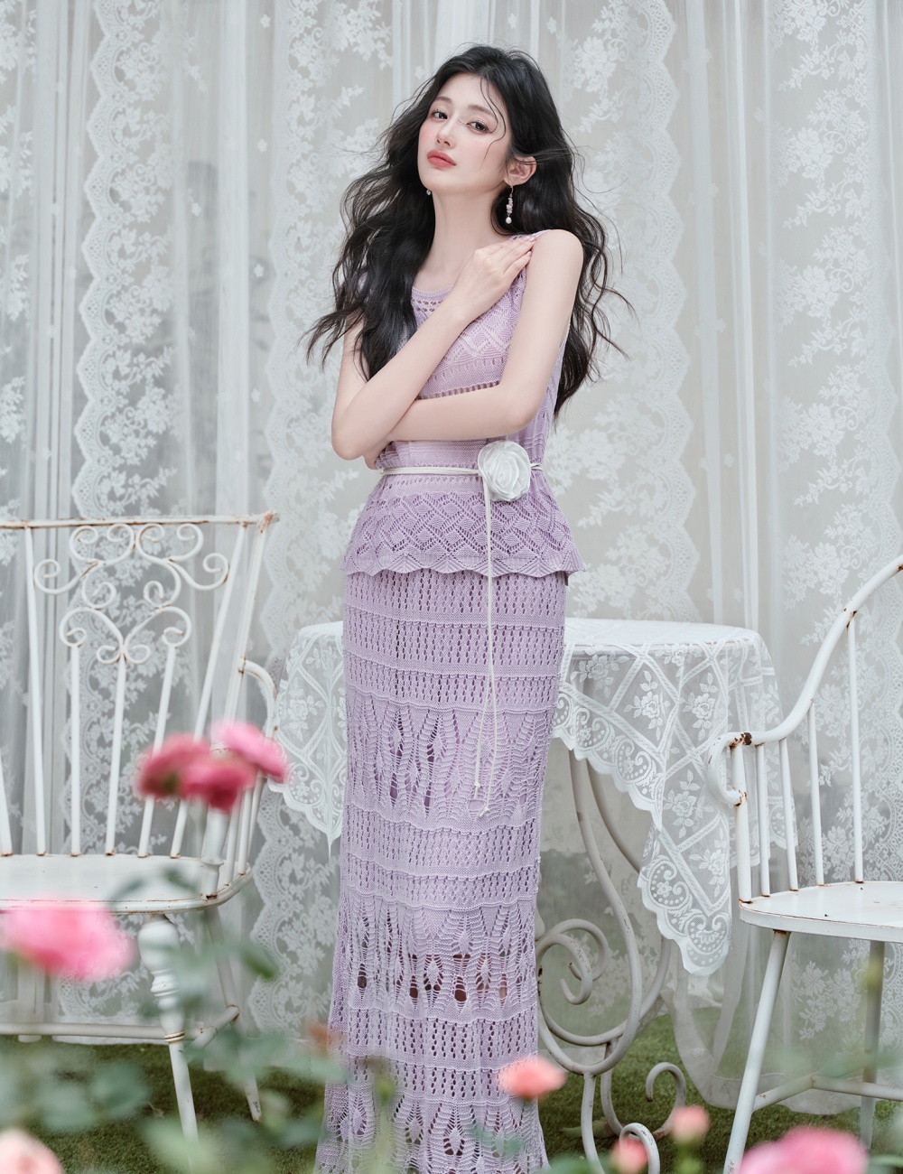 Hollow skirt crochet long skirt a set