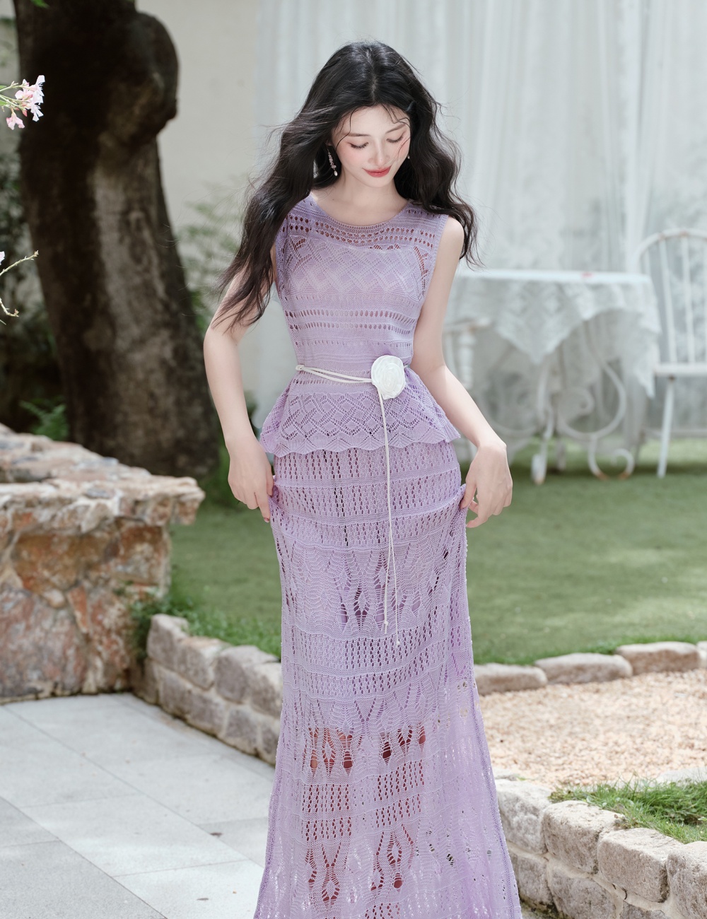 Hollow skirt crochet long skirt a set