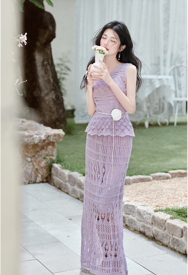 Hollow skirt crochet long skirt a set