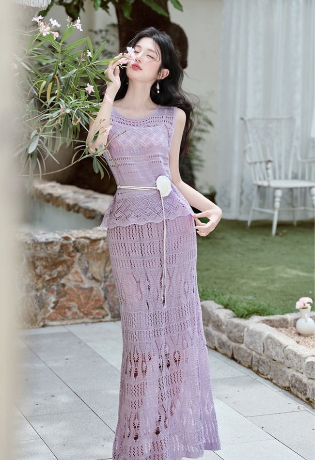 Hollow skirt crochet long skirt a set