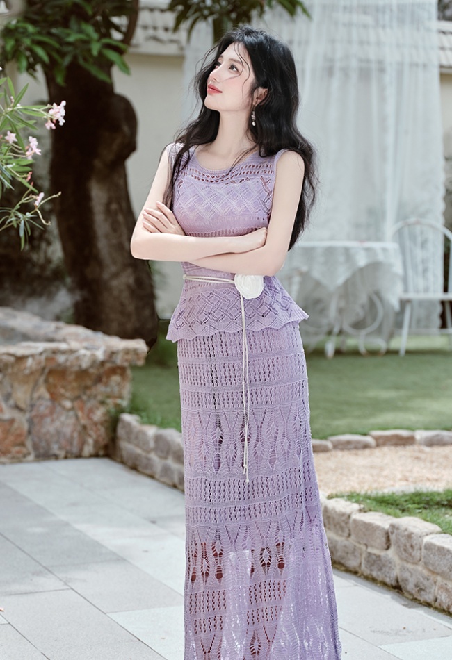 Hollow skirt crochet long skirt a set