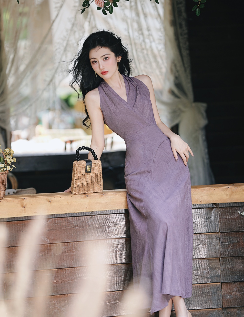 Pinched waist dress sleeveless long dress