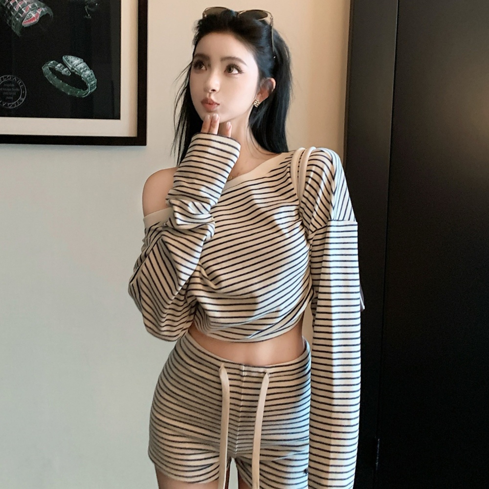 Long sleeve stripe tops spicegirl lazy shorts a set for women