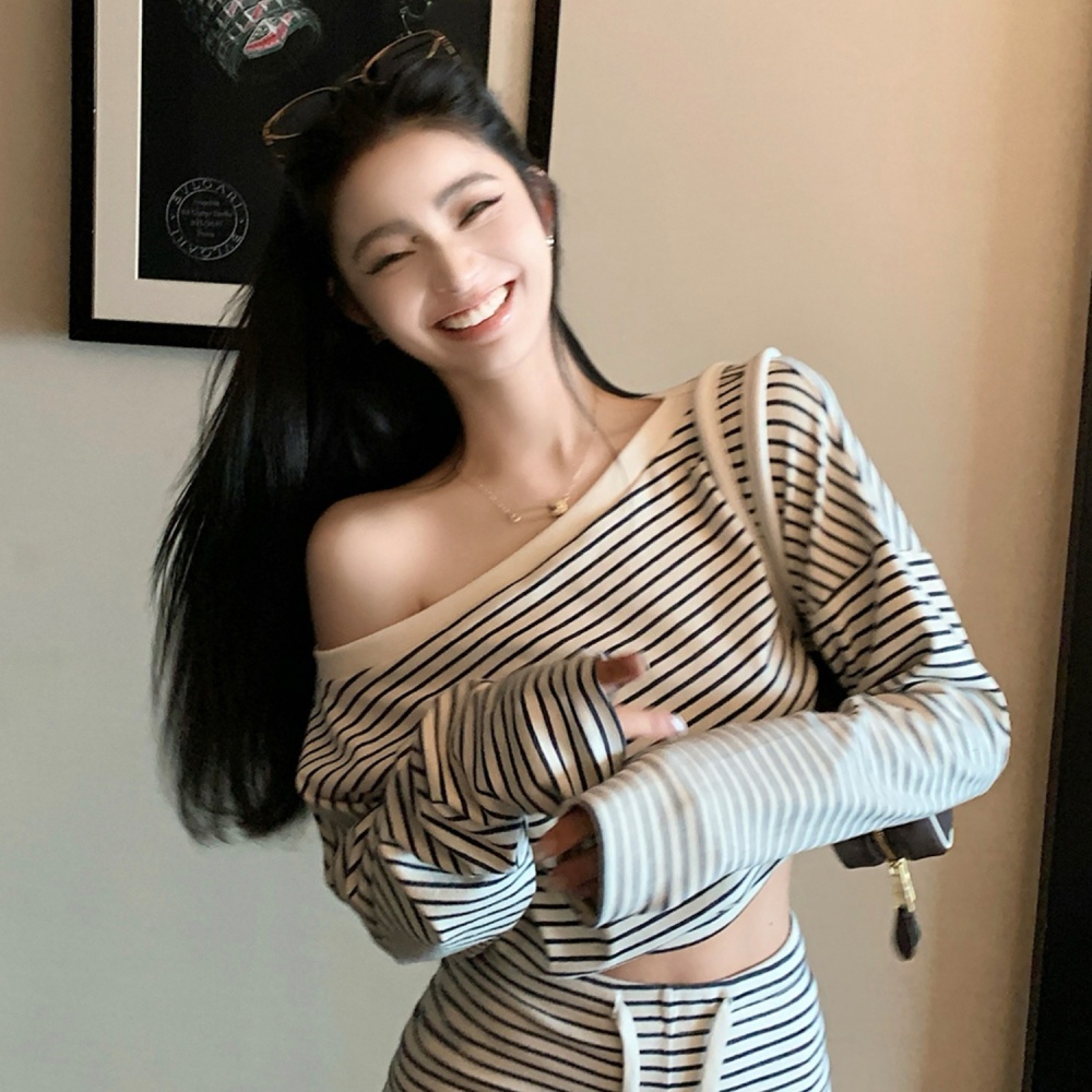 Long sleeve stripe tops spicegirl lazy shorts a set for women