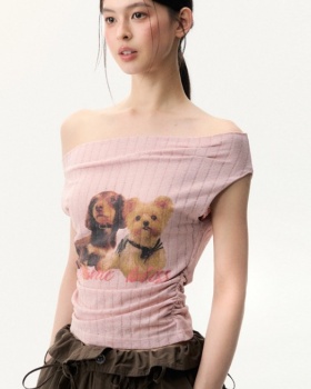 Short Korean style flat shoulder tops niche pink T-shirt
