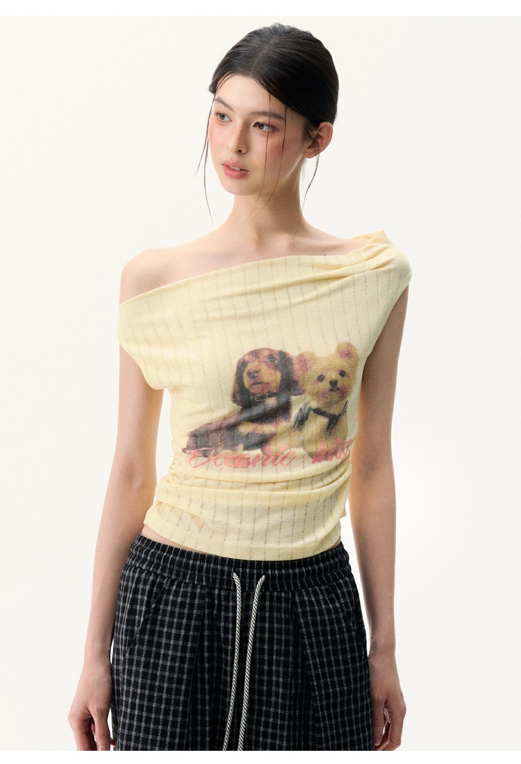 Short Korean style flat shoulder tops niche pink T-shirt