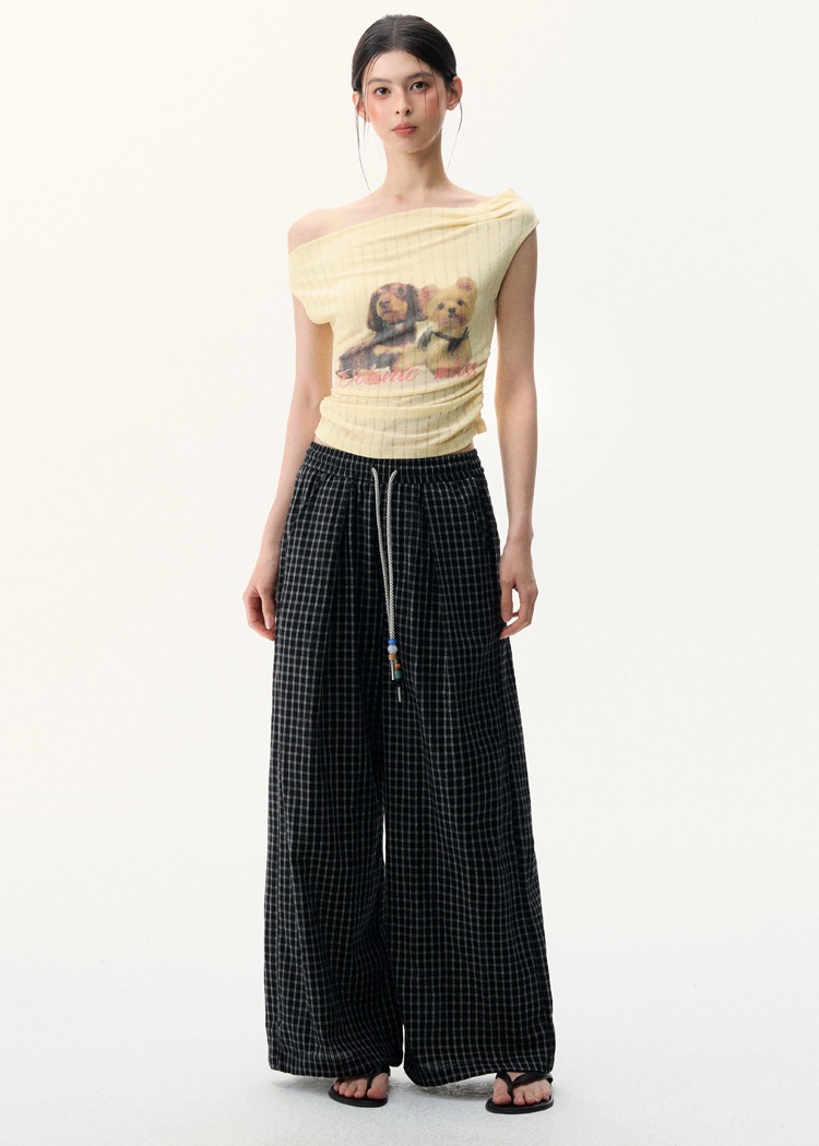 Short Korean style flat shoulder tops niche pink T-shirt