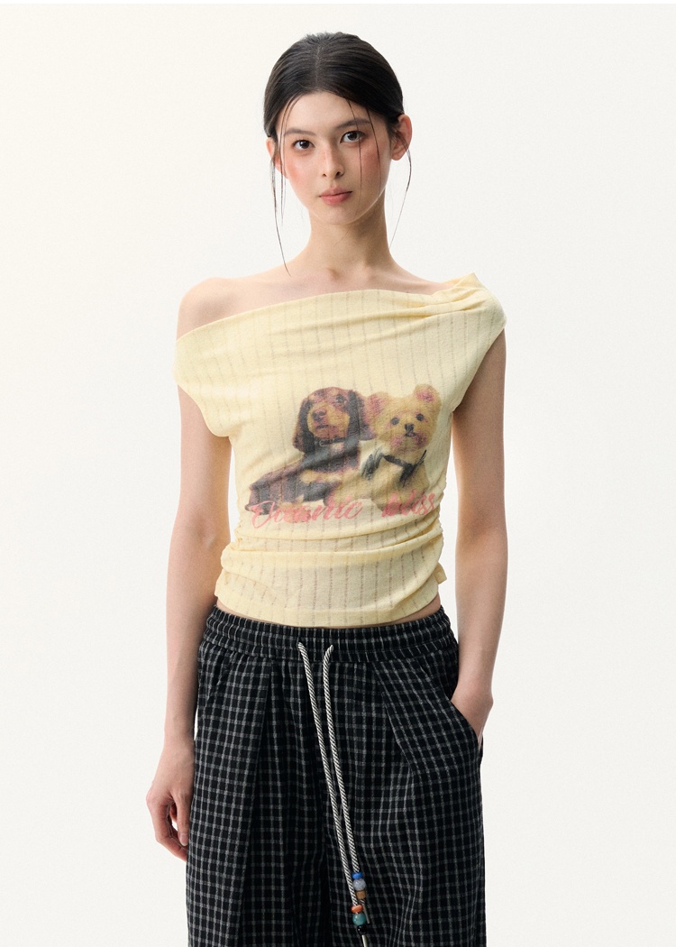 Short Korean style flat shoulder tops niche pink T-shirt