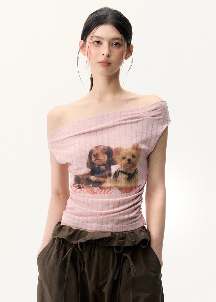 Short Korean style flat shoulder tops niche pink T-shirt