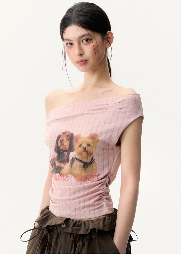 Short Korean style flat shoulder tops niche pink T-shirt