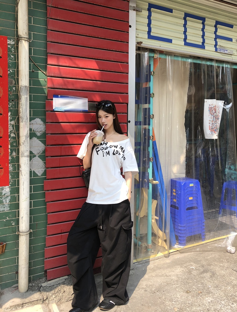 Summer sloping shoulder tops Korean style T-shirt for women