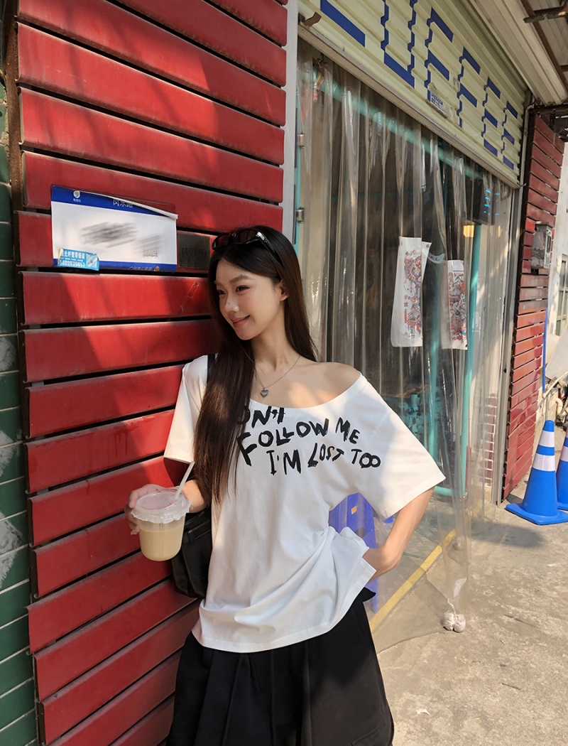 Summer sloping shoulder tops Korean style T-shirt for women