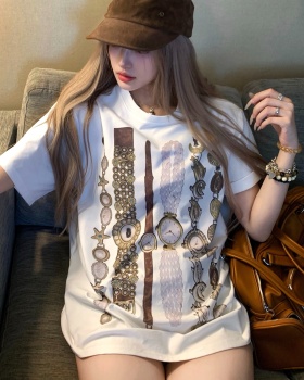 Lazy retro tops loose printing T-shirt for women