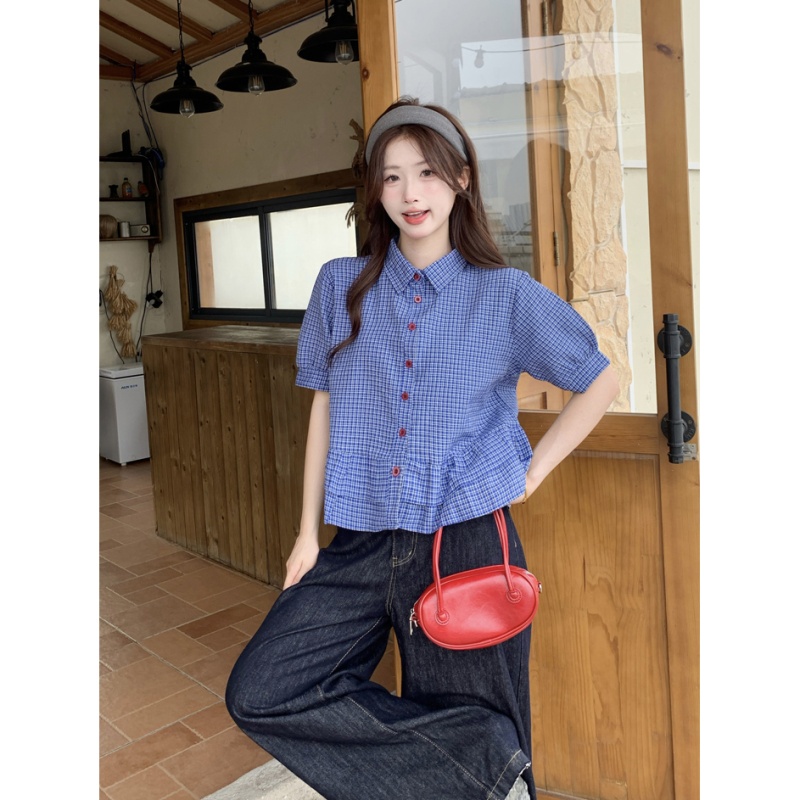 Summer blue tops all-match short shirt for women