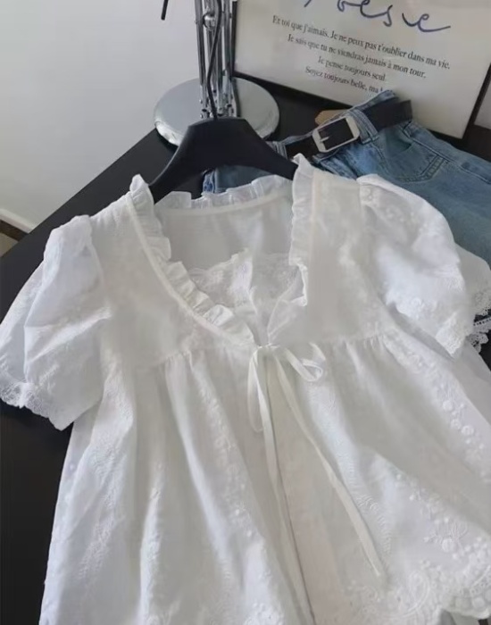 Slim niche shirt jacquard bow tops for women