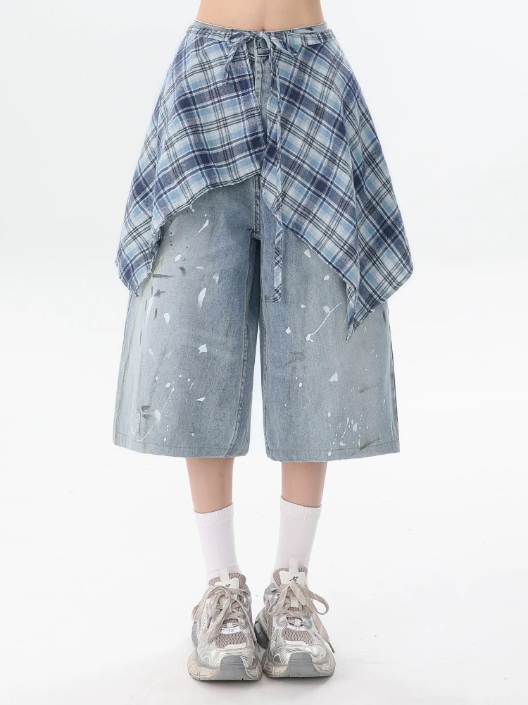Ink splashes summer cropped pants plaid short jeans