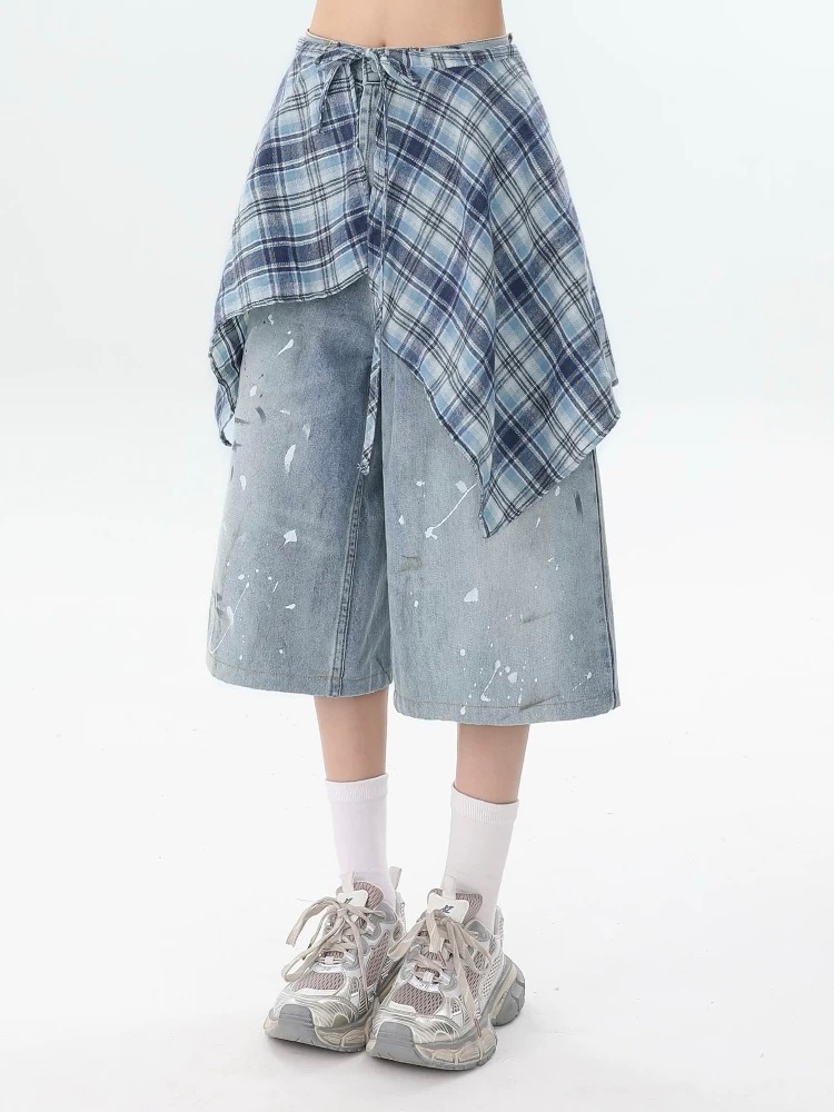 Ink splashes summer cropped pants plaid short jeans