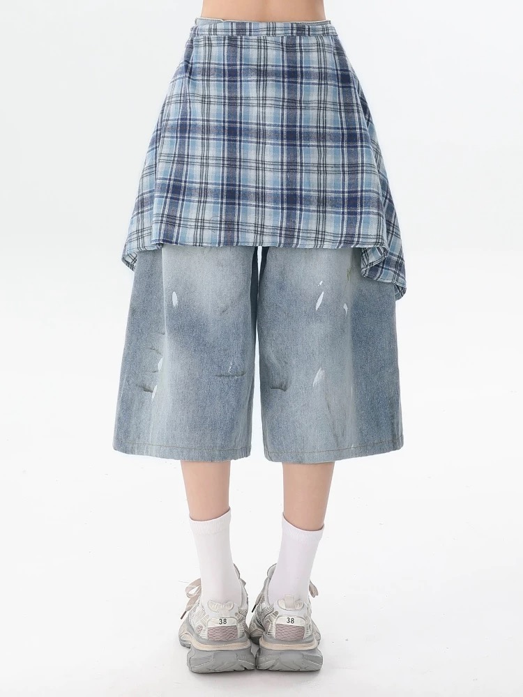 Ink splashes summer cropped pants plaid short jeans