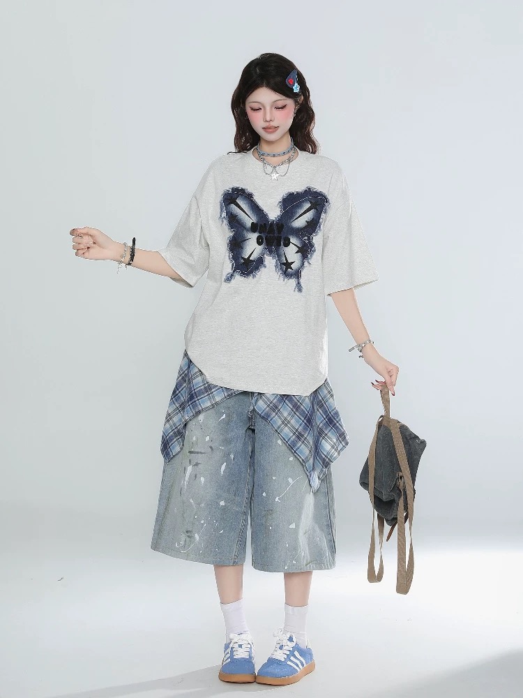 Ink splashes summer cropped pants plaid short jeans