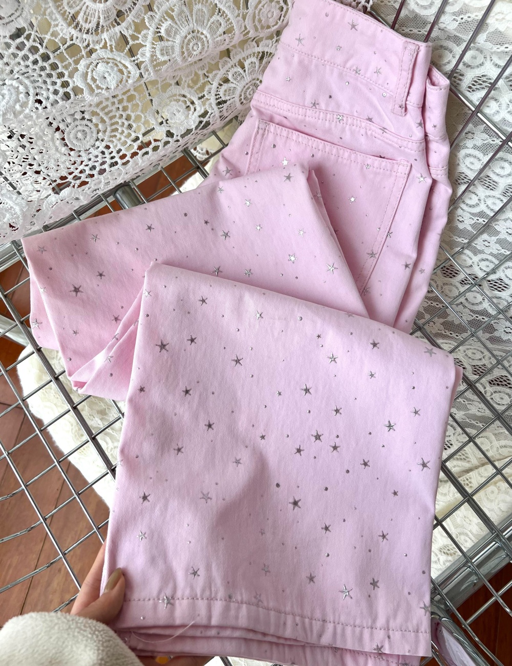 Stars wide leg straight pendant pants pink loose jeans
