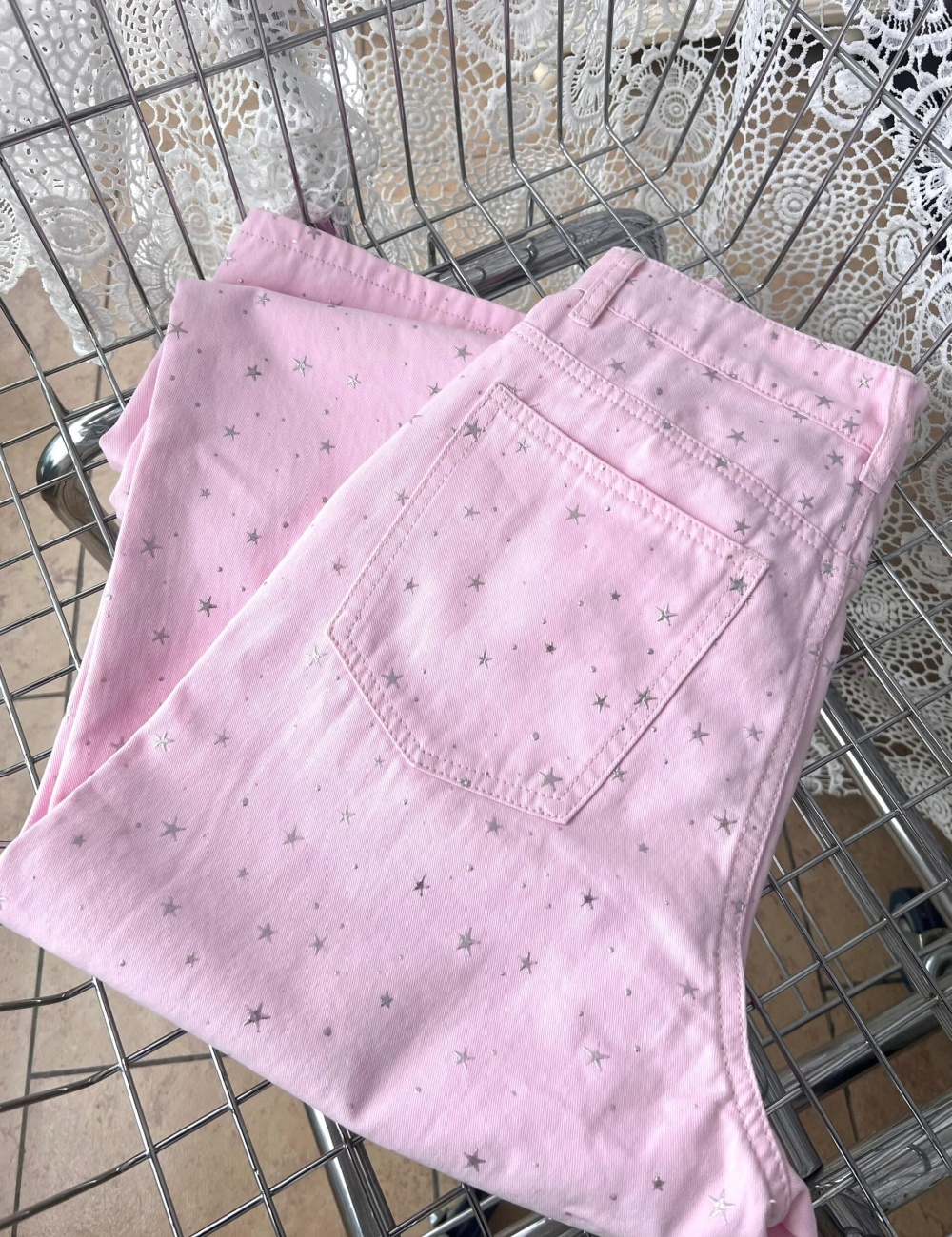 Stars wide leg straight pendant pants pink loose jeans