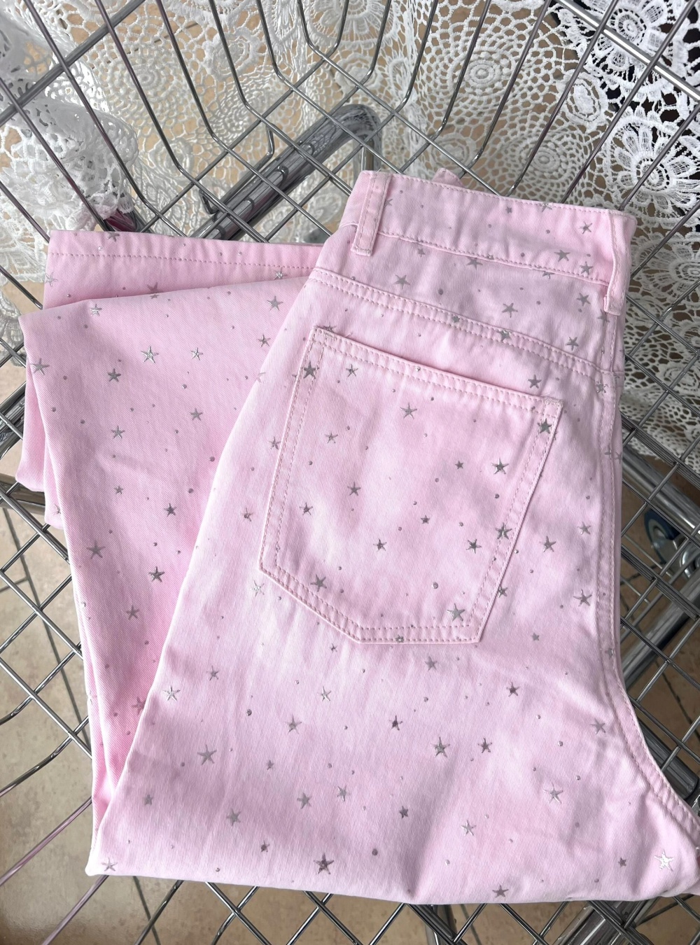 Stars wide leg straight pendant pants pink loose jeans