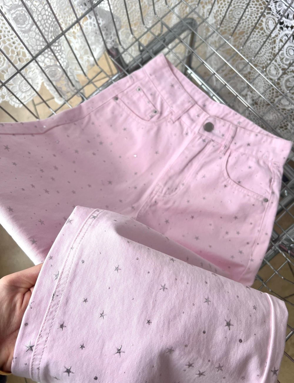 Stars wide leg straight pendant pants pink loose jeans
