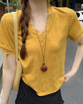Lace short sleeve T-shirt stripe summer tops for women