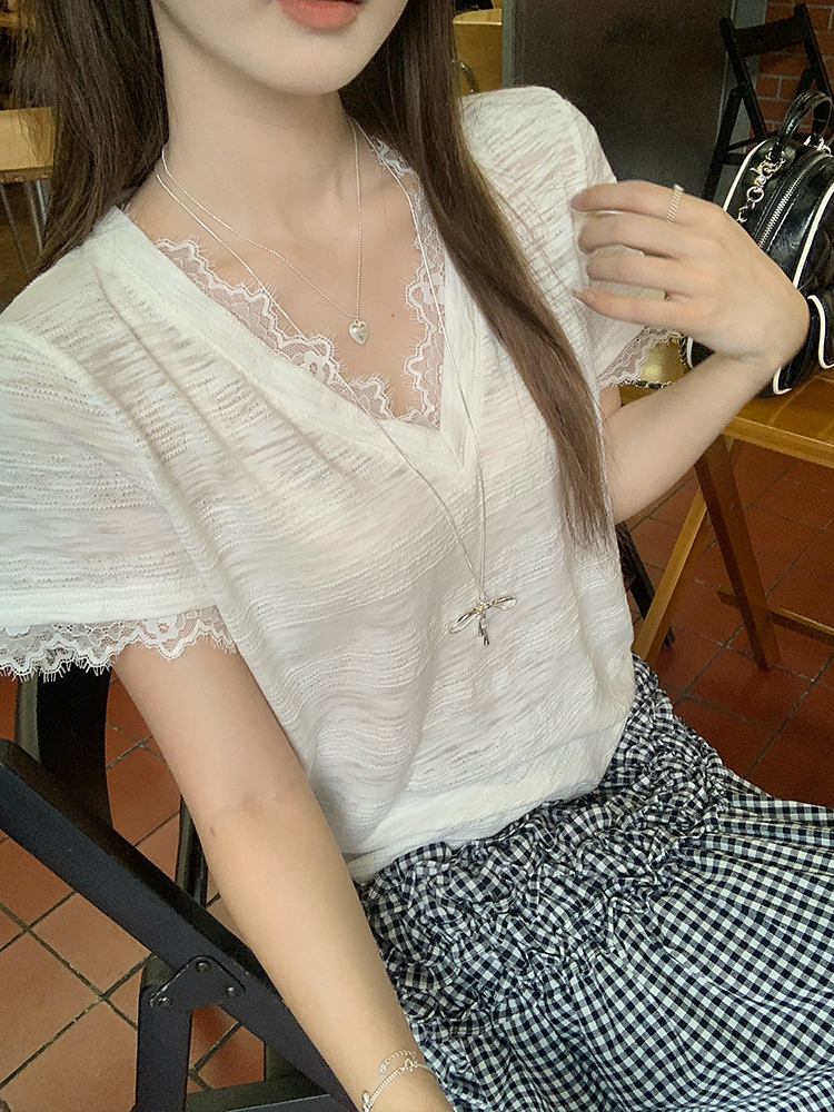 Lace short sleeve T-shirt stripe summer tops for women