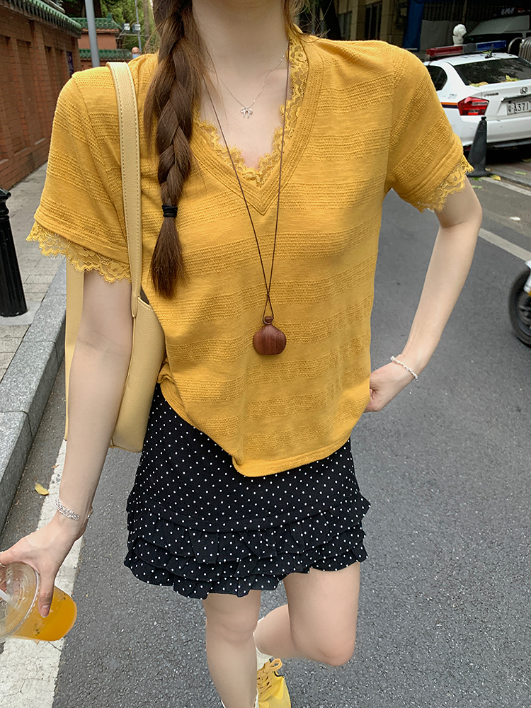 Lace short sleeve T-shirt stripe summer tops for women
